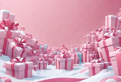 The primary subject of the image is a large pile of wrapped presents. The presents are pink and white, and they are arranged in a visually appealing manner. The setting is a snowy environment, which adds a festive and wintry atmosphere to the scene. The visual style of the image is a combination of digital art and illustration, creating a vibrant and eye-catching display. The colors and mood of the image are predominantly pink and white, evoking feelings of warmth, love,